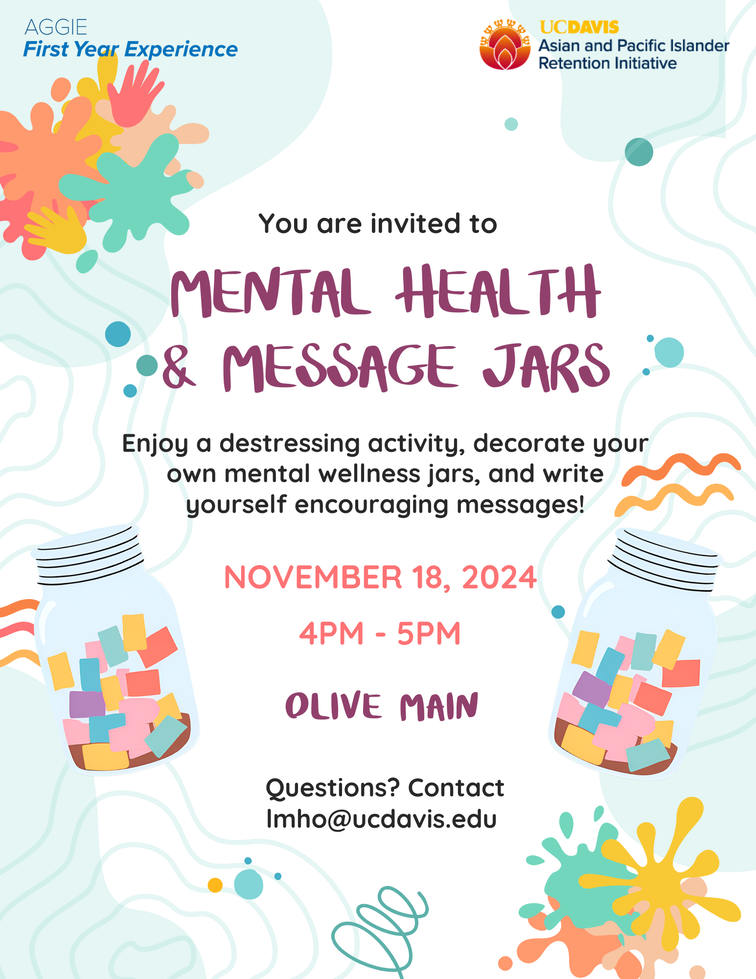 flyer with colorful jars filled with notes and colorful paint splatter on the corners
