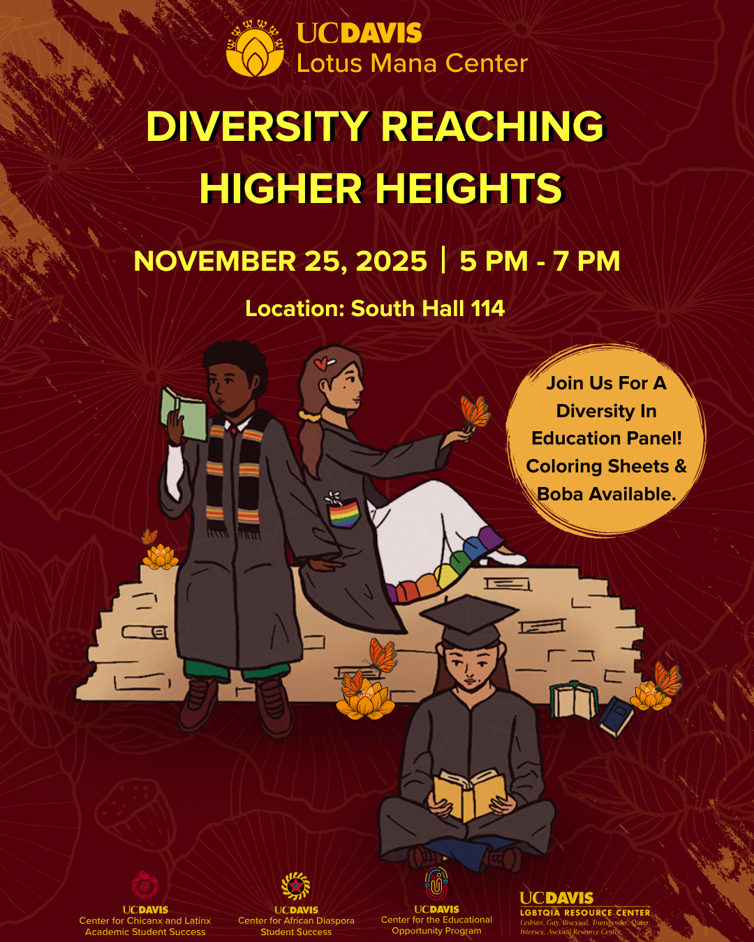 Illustration of three diverse graduates in caps and gowns on stone steps, reading books. Text: "Diversity Reaching Higher Heights," November 25, 2025 - 5pm to 7pm" and "Join us for a diversity in education panel!