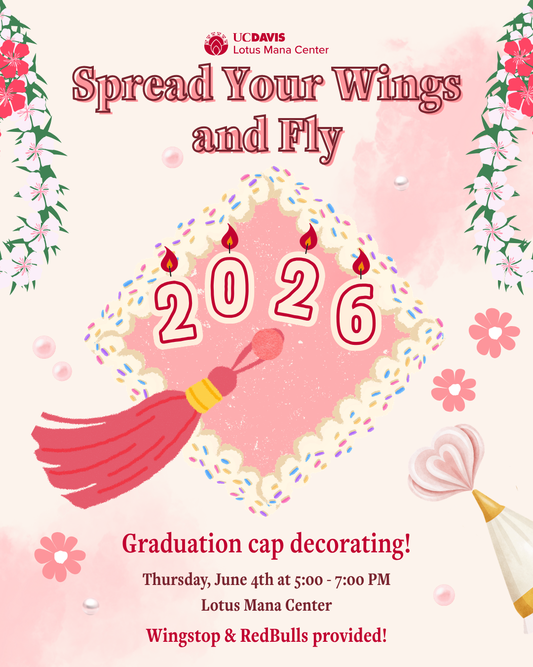 Graduation poster 'Spread Your Wings and Fly' with 2026 in floral heart and tassel