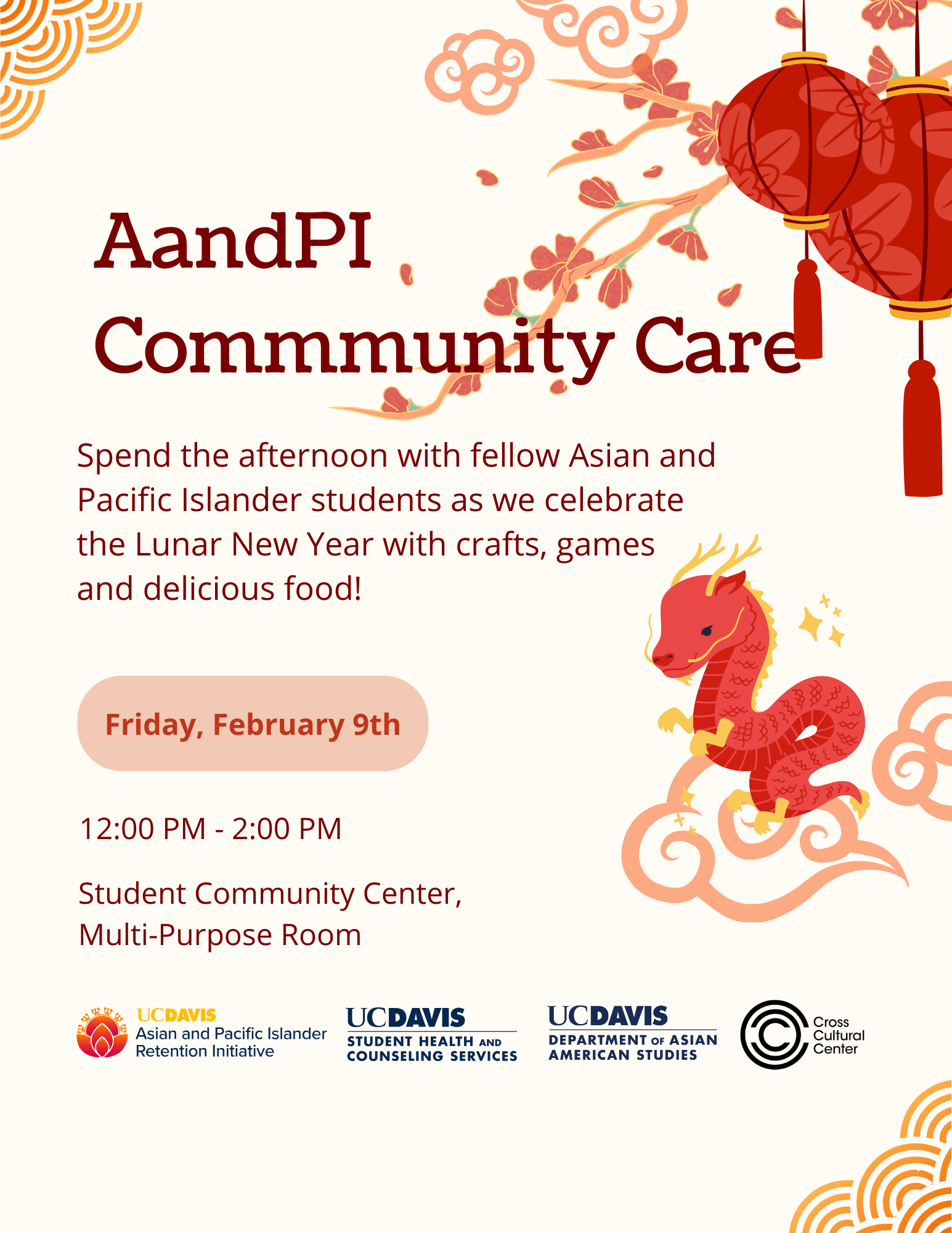 AandPI Community Care event with lunar new year decoration with red dragon and red lanterns