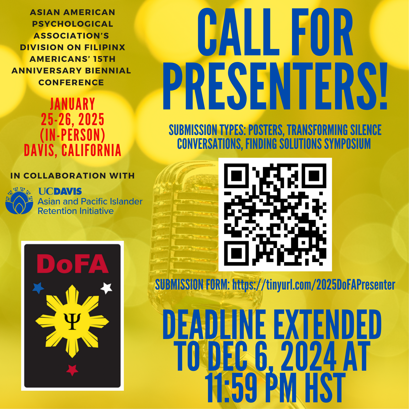 Yellow background with he event title and date calling for presenter to submit their proposal