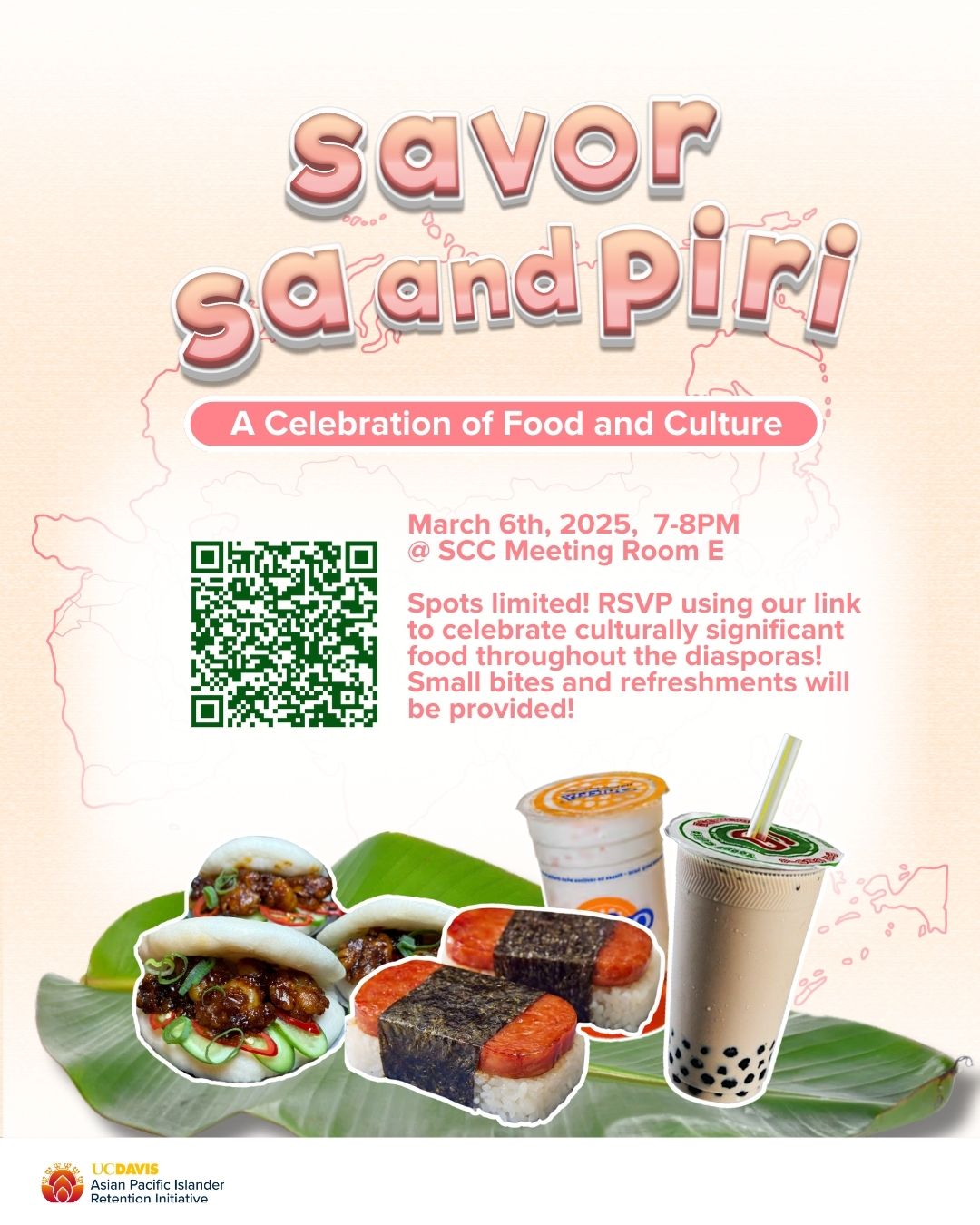pale yellow background with bao, spam musubi, and milk tea boba drinks on a banana green leaf
