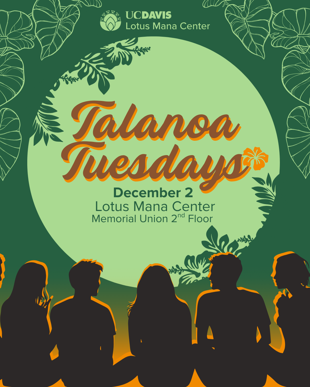 flyer with green tropic leaves in the corner and a group of people sitting together 