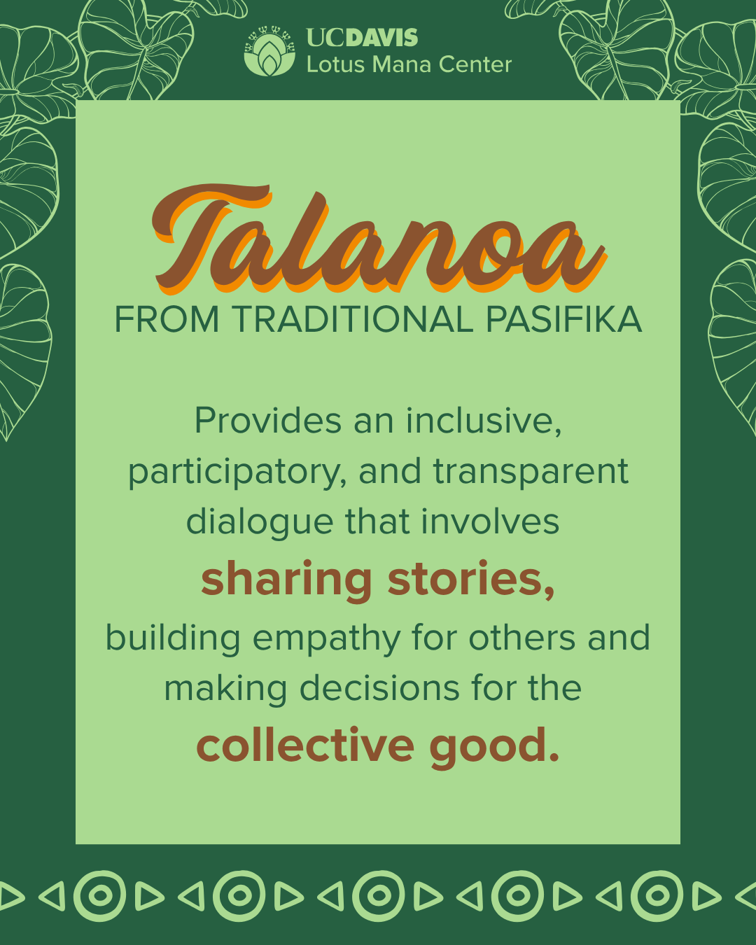Green flyer with green palm leaves surrounding the boarders and the title in the middle in orange "Talanoa Tuesdays"