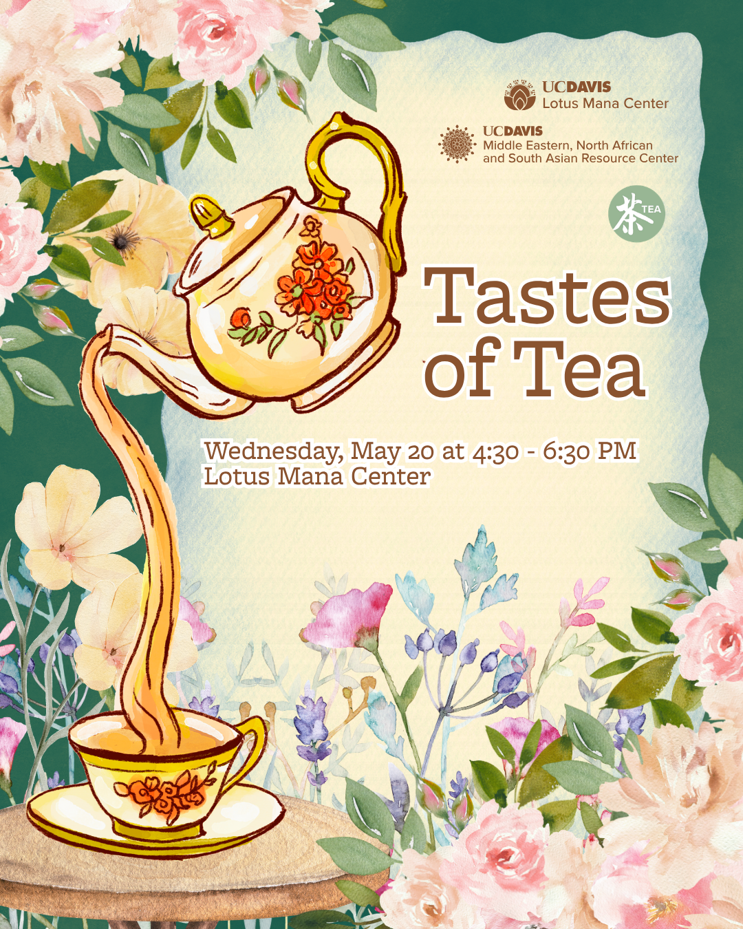 Graphic poster: ornate teapot pouring into teacup over pastel floral background, 'Tastes of Tea'