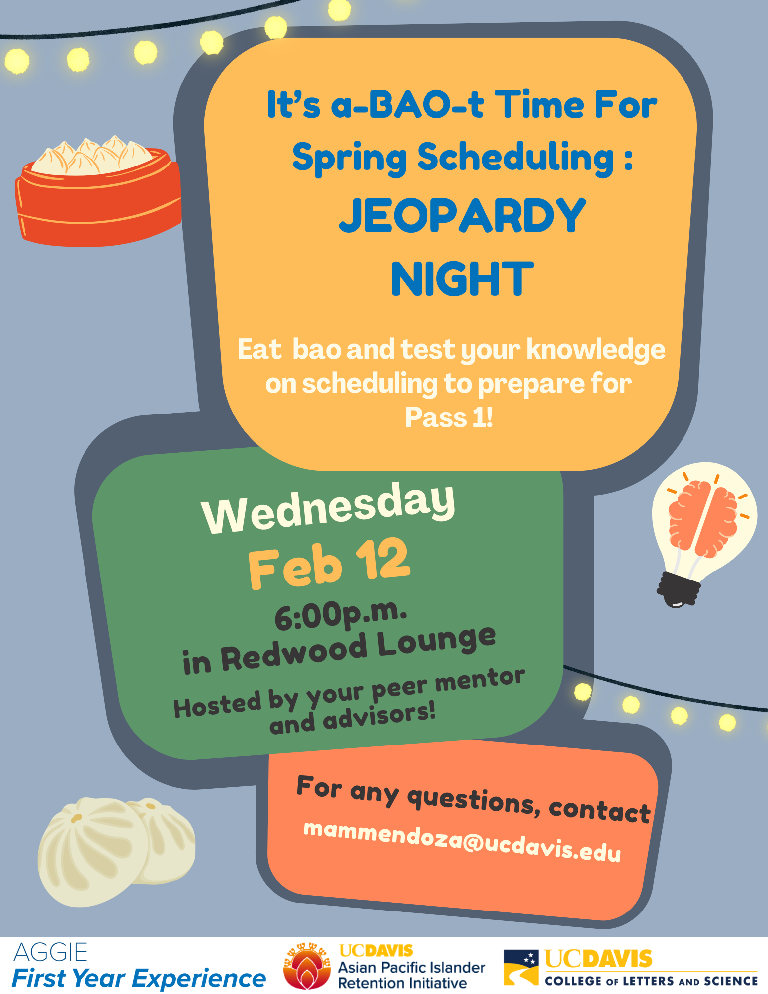 Blue background with squared colored text boxes and baos and dumpling in the corners