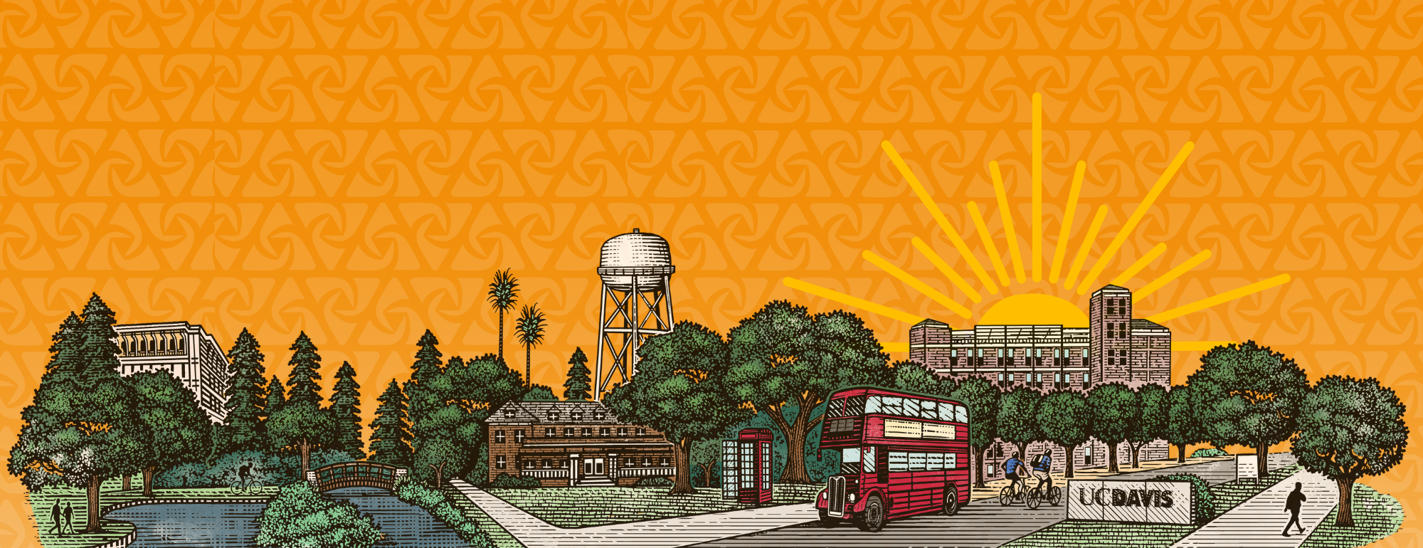 Illustrated UC Davis campus scene with trees, cyclists, the water tower, and a red double-decker bus under a rising golden sun on an orange patterned background.