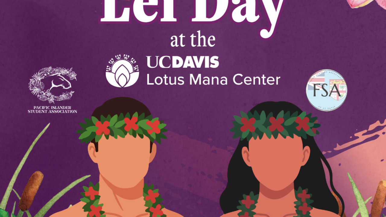 Lei Day graphic poster: two illustrated people wearing leis and flower crowns, tropical flowers