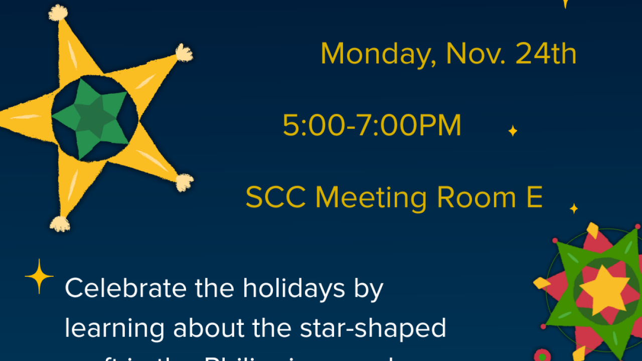 The flyer invites participants to learn about the Filipino star-shaped holiday lantern called a parol and make their own to take home. The background is dark blue with illustrated parol lanterns and small star accents. UC Davis Lotus Mana Center logo appears at the bottom.