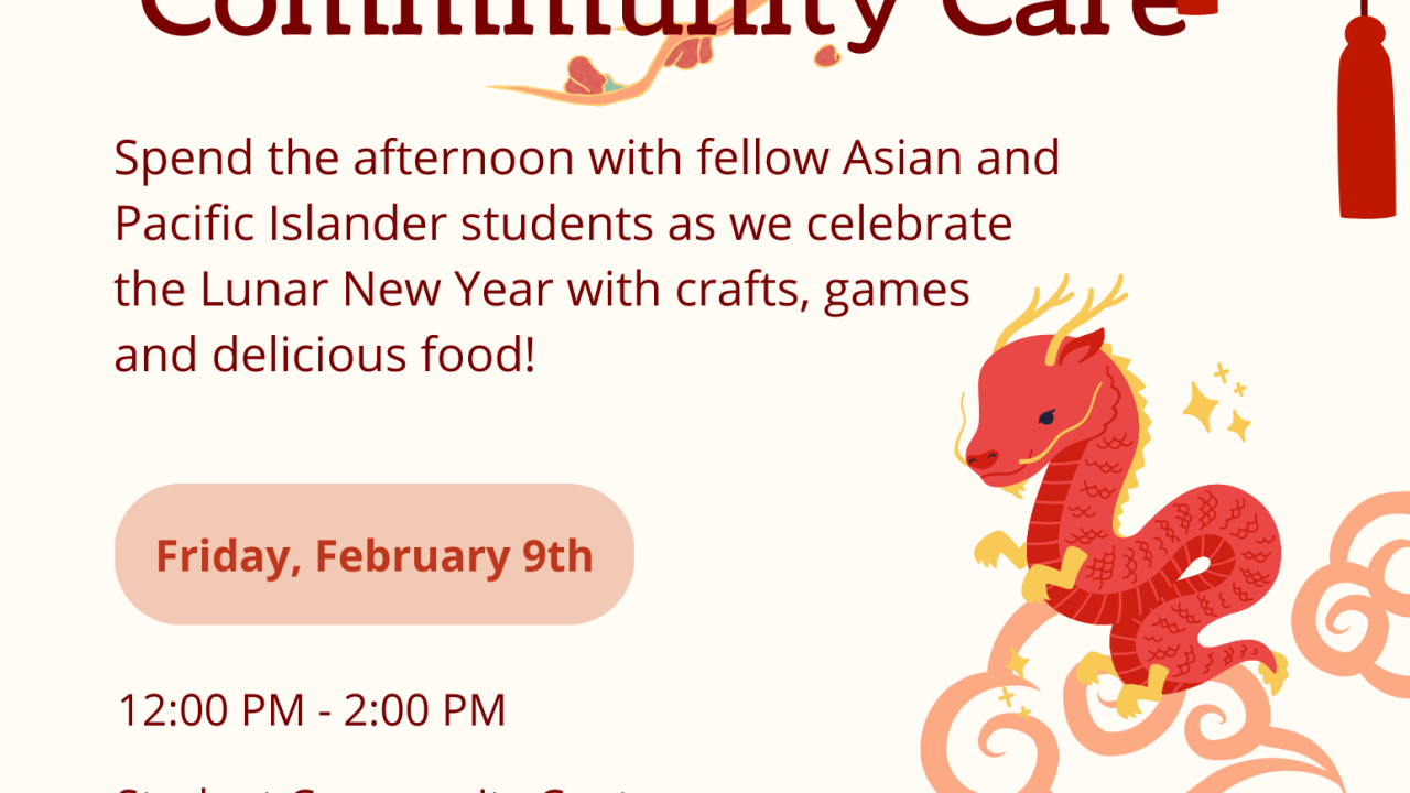 AandPI Community Care event with lunar new year decoration with red dragon and red lanterns