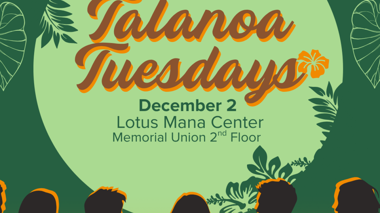 flyer with green tropic leaves in the corner and a group of people sitting together 