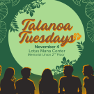 flyer with green tropic leaves in the corner and a group of people sitting together 